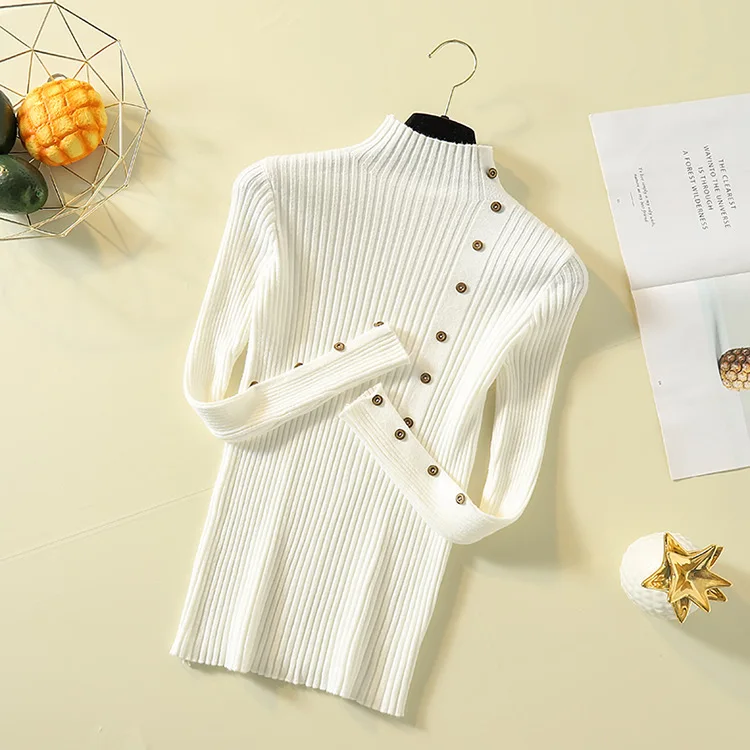 K105 Women Knitted Slim Sweaters Solid Knitted Female Cotton Soft Elastic Color Pullovers Button Full Sleeve Turtleneck