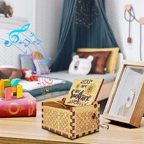 Custom walnut You are My Sunshine Hand Crank Vintage Laser Engraved Small Wooden Music Box