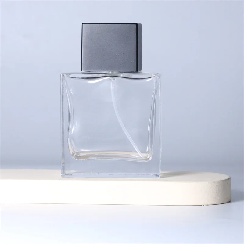 Transparent 50ml square spray perfume glass bottle and cap with box in stock