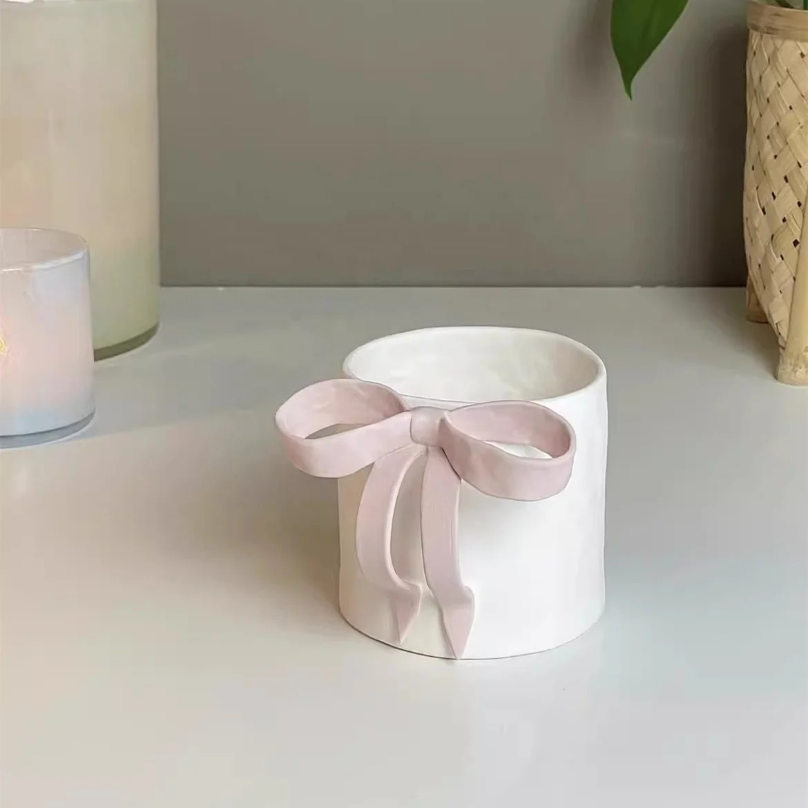 Lelyi Ins hot selling creative 3D bow handle ceramic cup factory customizable cute princess cup coffee mug gift