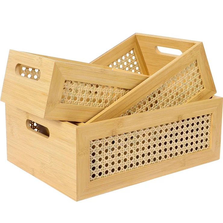 3 PCS Natural Bamboo Storage Bins Set Faux Rattan Frame Basket Bamboo Storage Basket Kitchen Storage Basket With Bamboo