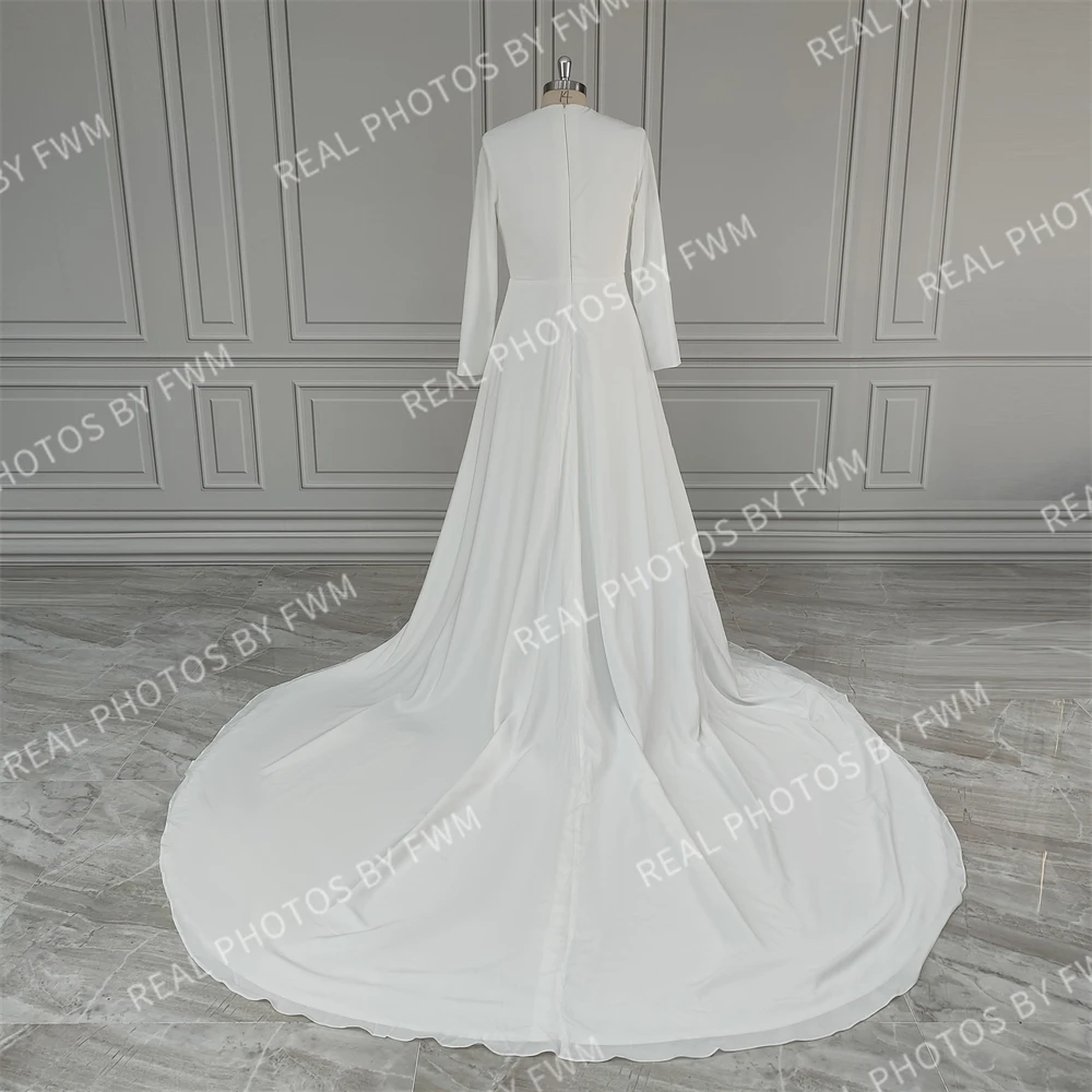 15656# Real Photos Muslim Dubai Long Sleeves Royal Train A-line Wedding Dress With Beading Pearls Lace Cloak Bride Gown For Wome