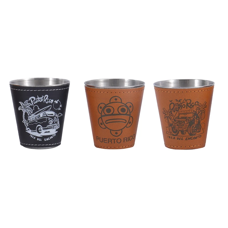 Stainless Steel Shot Cups Drinking Vessel With Brown Leather