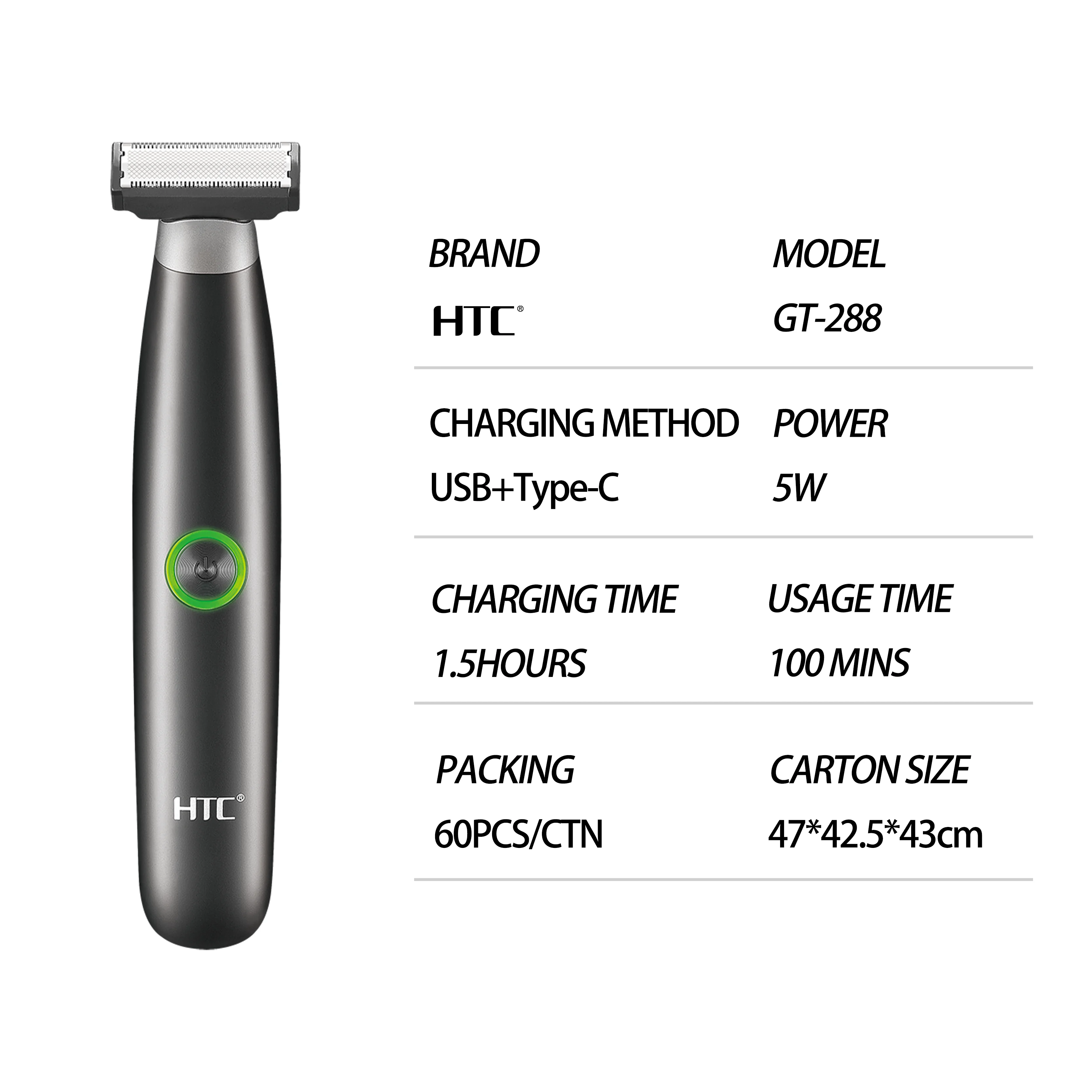 HTC GT-288 Factory High Quality Waterproof Rechargeable Face Body Razor Electric One Blade Shaver Beard Trimmer For Men