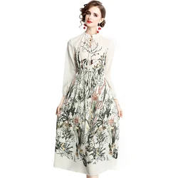 Elegant temperament pleated lace-up round neck printing long-sleeved lantern sleeves waist A-line long one-piece dress