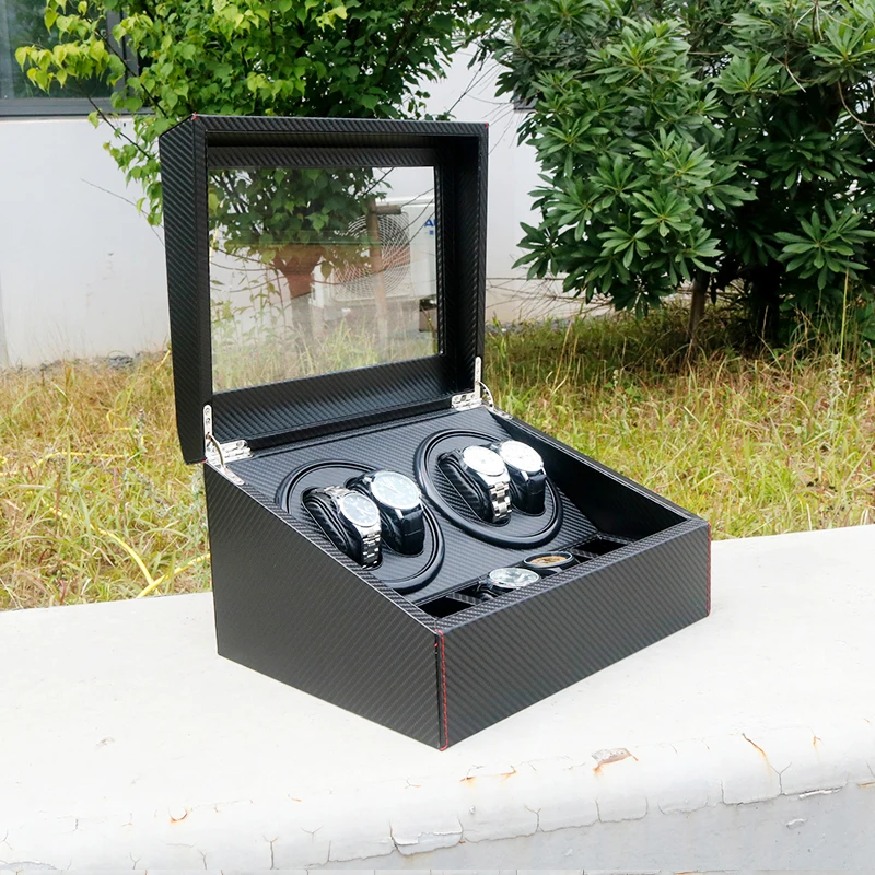 Wholesale Watch Winder 4 Automatic Luxury Black Carbon Fiber Leather Safe 4 Watch Winder Jewelry Box