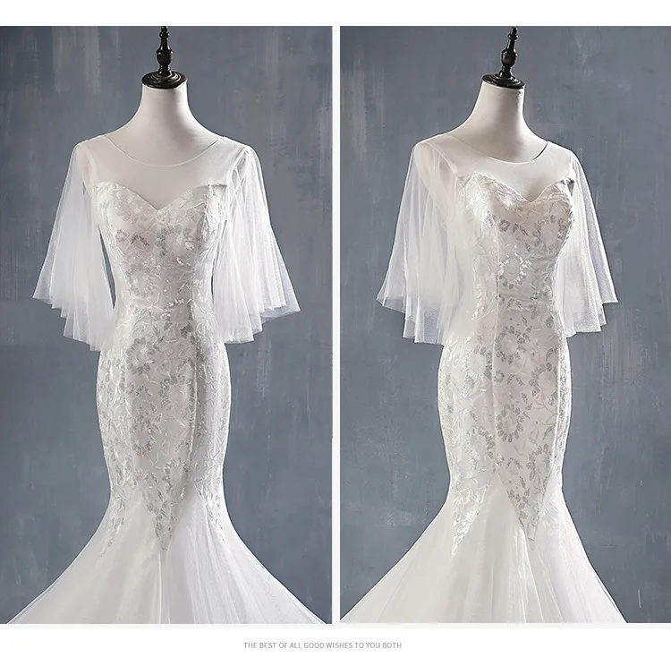 2019 Real Photo Short Batwing Sleeve Mermaid Gown sweep train lace up back Fish Tail wedding dress