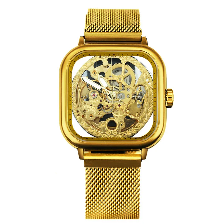 WINNER Official Blue Mens Watches Top Brand Luxury Automatic Mechanical Watch Men Carved Magnet Mesh Strap Skeleton Wristwatch