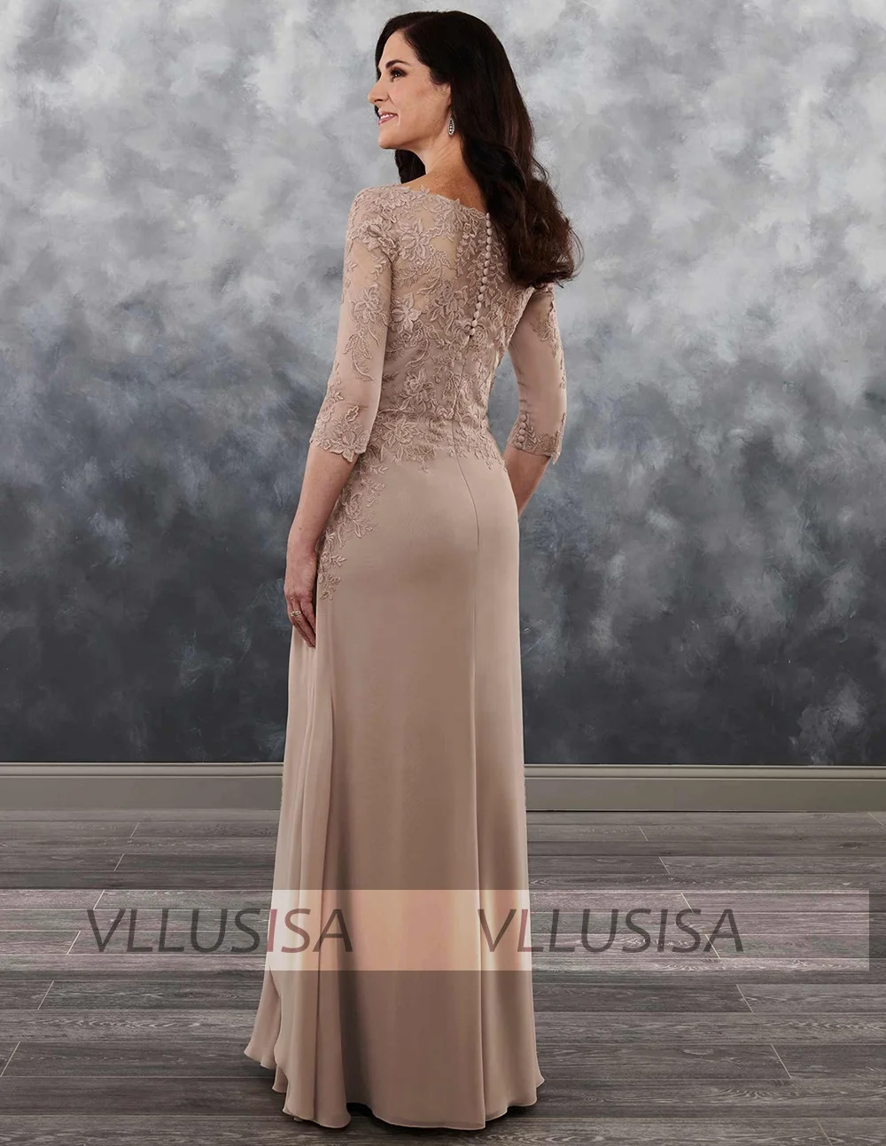 Pleated Lady Wedding Party Dress Three Quarter Sleeve Lace Chiffon Mother Of The Bride Dress