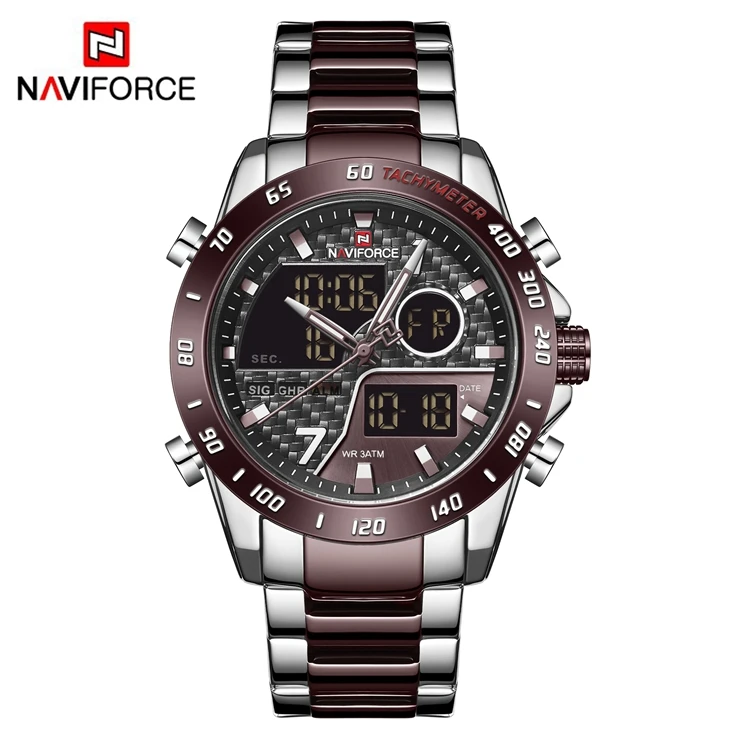  NAVIFORCE NF9171 модные крутые черные часы из нержавеющей стали для мужчин японские кварцевые цифровые наручные два