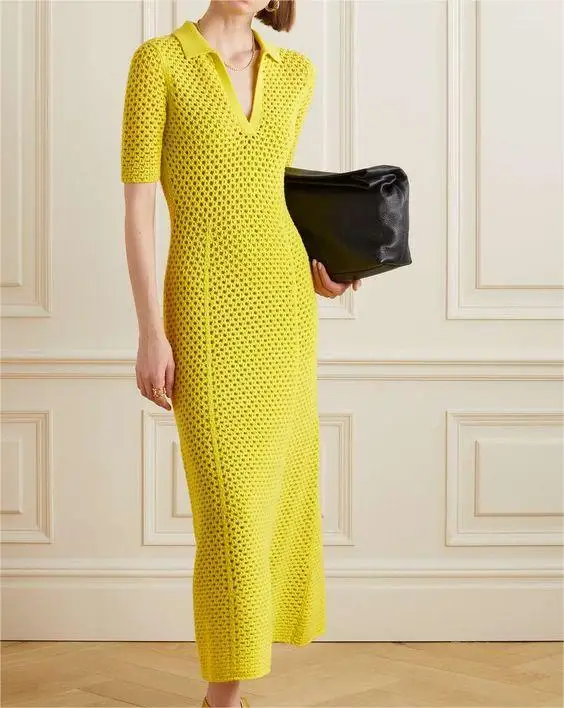 2024 Manufacturer Custom Summer Lady Through Out Polo Neck Dresses Casual Crochet Knitted Midi Dresses for Women