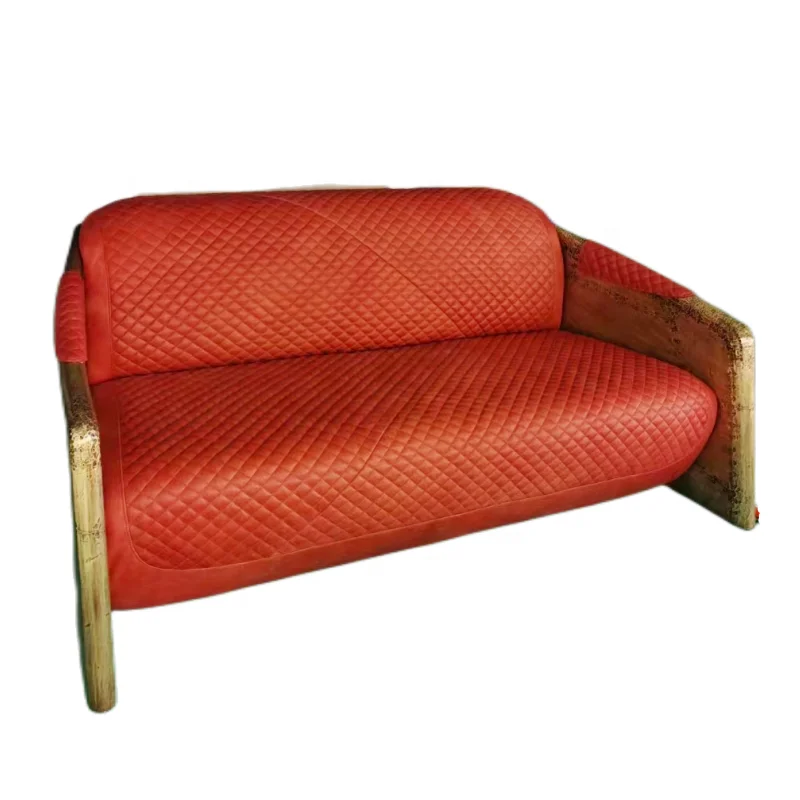 aviation hotel furniture luxury vintage red leather sofa set 3seat with armchair antique brass metal arm rest comfort sofa