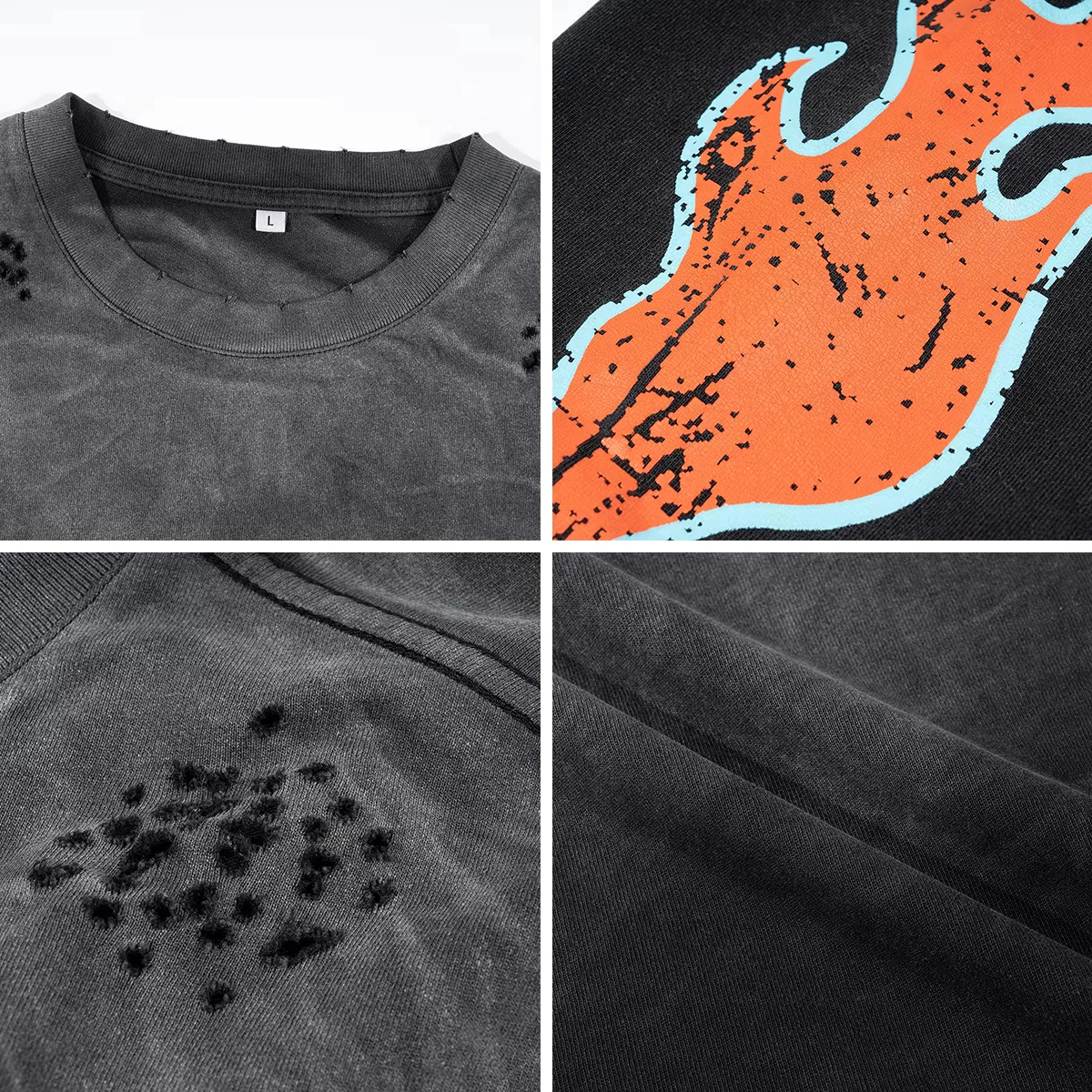 Cracked Graphic Print Tee Shirt Acid Wash Oversized Tshirt Custom Streetwear Clothes Double Layered Long Sleeve T-shirt for Men