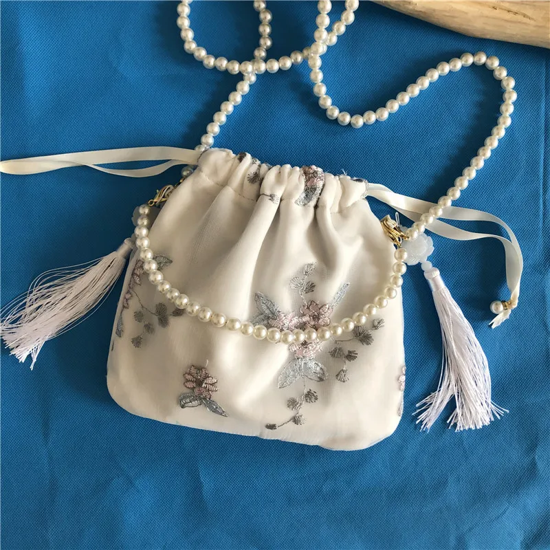 2021 Women Cell Phone Pearl Chain Net Yarn Embroidery Elegant Single Shoulder Crossbody Bag