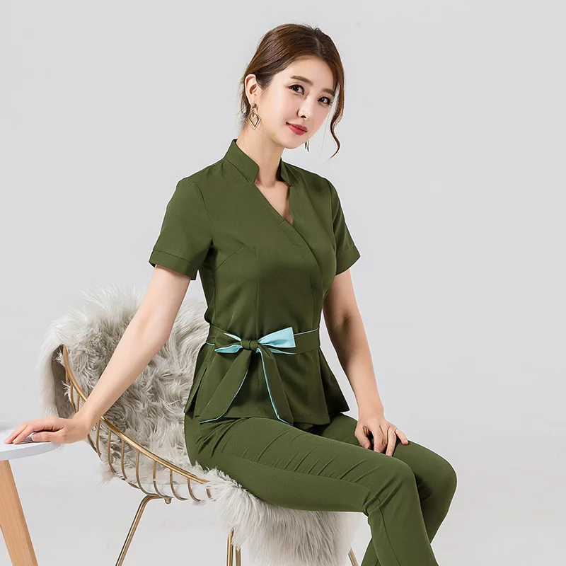 2pcs short sleeves beauty salon spa tunic career dresses uniform spa thai massage beauty uniform