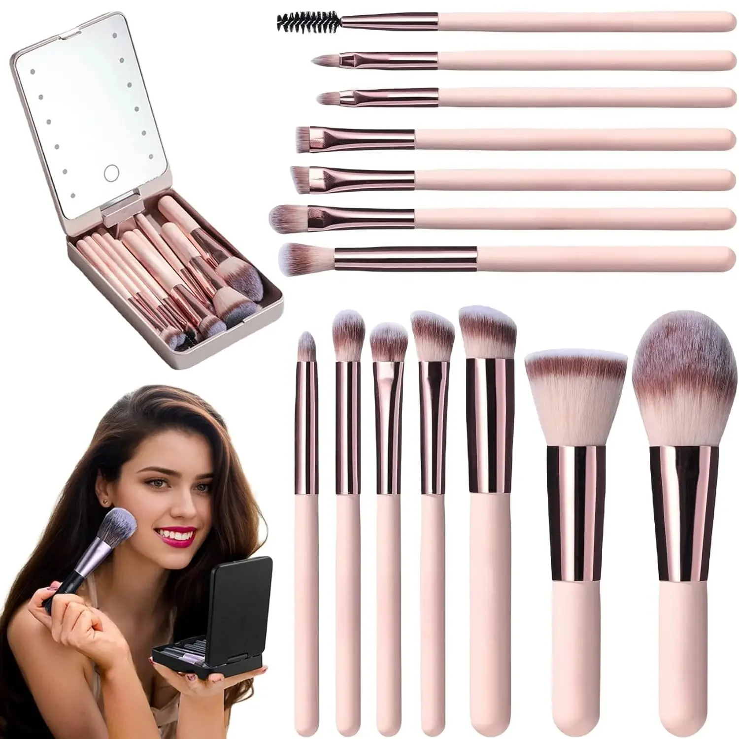 2024 New Product Portable Foundation Powder Eye Shadows Facial Travel 14pcs Makeup Brush Set LED Mirror