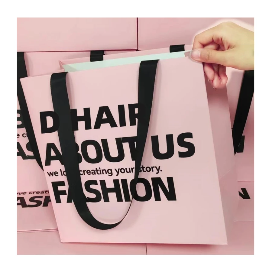 OEM ODM Recycled Custom Logo Large Stone Cheap Pink Black Biodegradable Paper Shopping Retail Bag With Handle Shopping