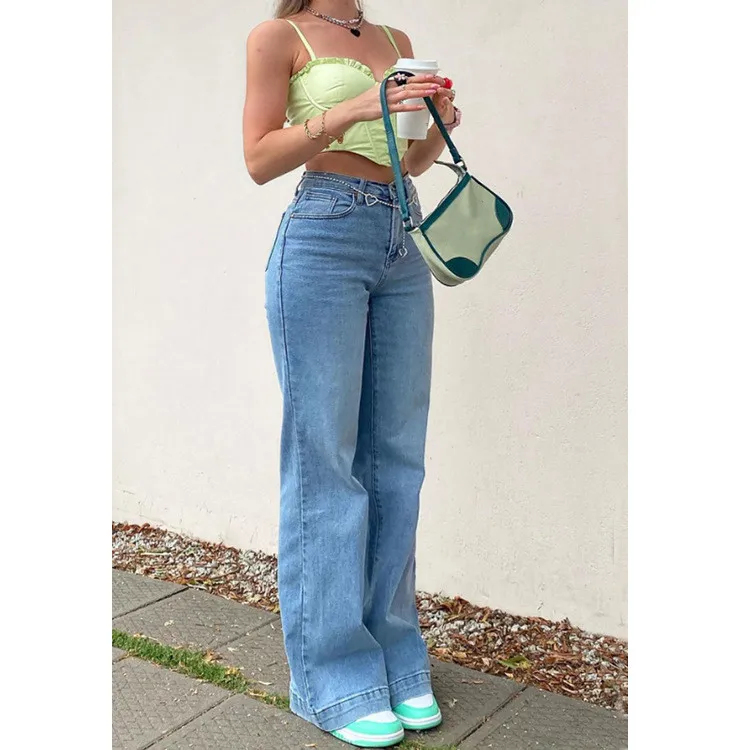 2024 New Arrival Loose Denim Pants High Waist Baggy Jean Trousers Straight Leg Casual Style Solid Pattern Medium Wash Summer
