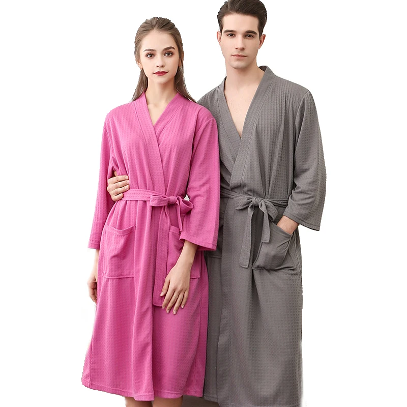 summer unisex adult bathrobe men v-neck soft quick dry spa bathrobe solid gown women waffle robes
