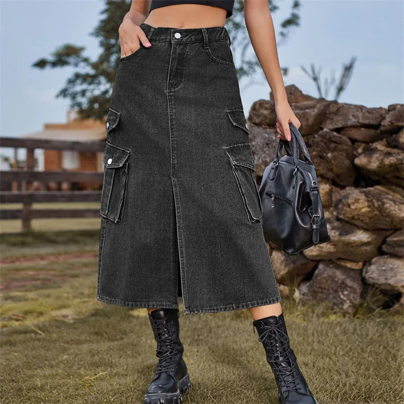 New elastic waist denim casual long skirt fashion solid color jean skirts for women