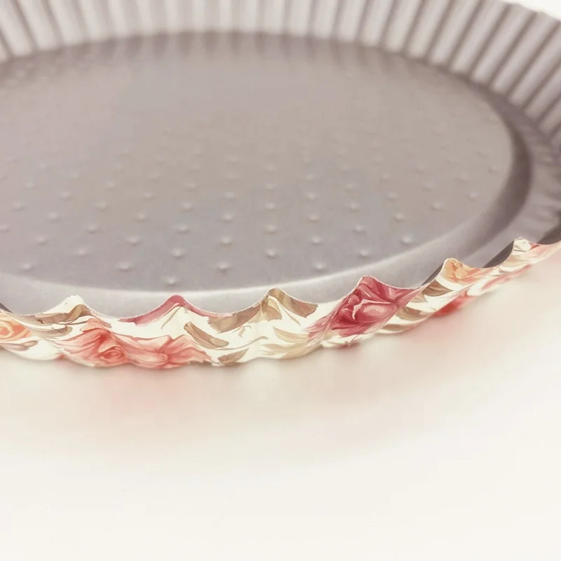
11 Inch Carbon Steel Non Stick Flower Printing Fluted Quiche Pizza Pan Tray with Fixed Bottom Tart Pie Pan 