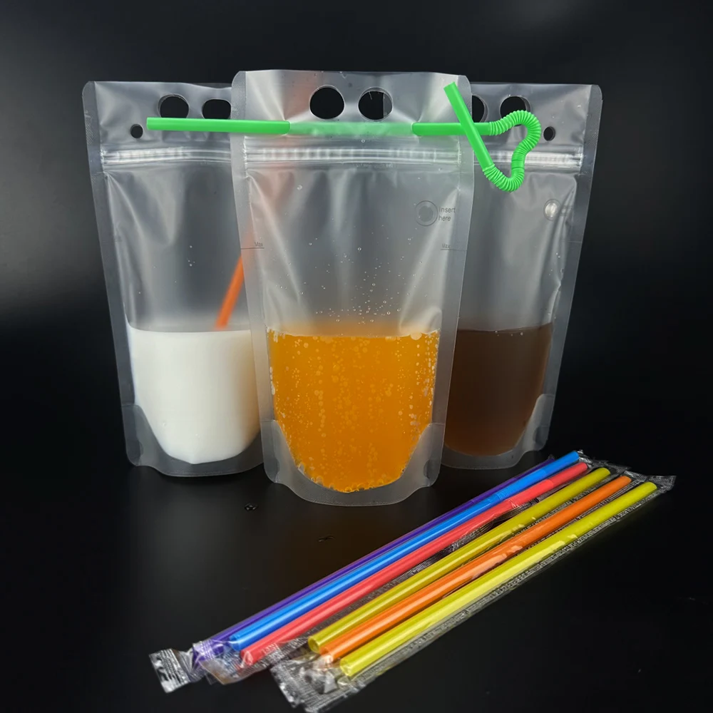 500ml matte juice packing disposable plastic ziplock standing frozen drink pouch bag with Pierceable straw hole