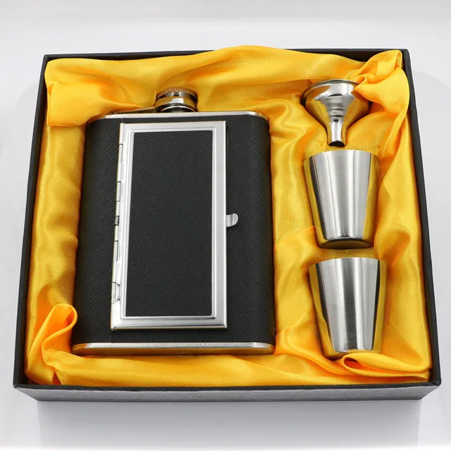 Creative Black PU Leather personalised 6oz 5oz stainless steel hip flask set whiskey liquor bottle with Funnel Cigarettes Case