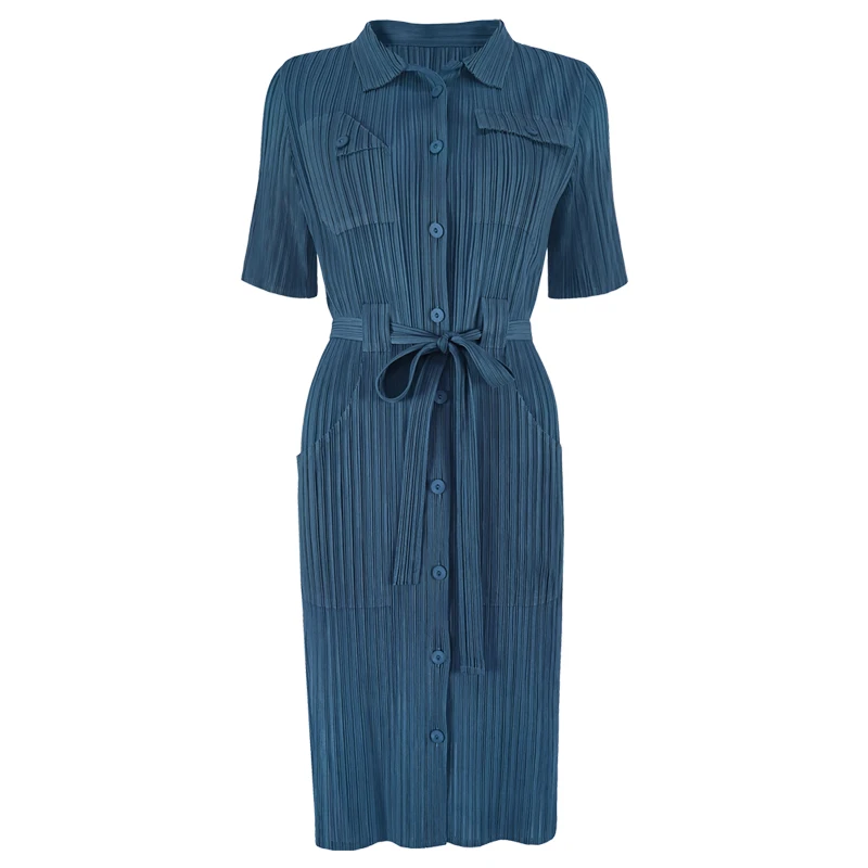 2021 Miyake European and American ladies high-end elegant fashion temperament plain short sleeve shirt large skirt wholesale