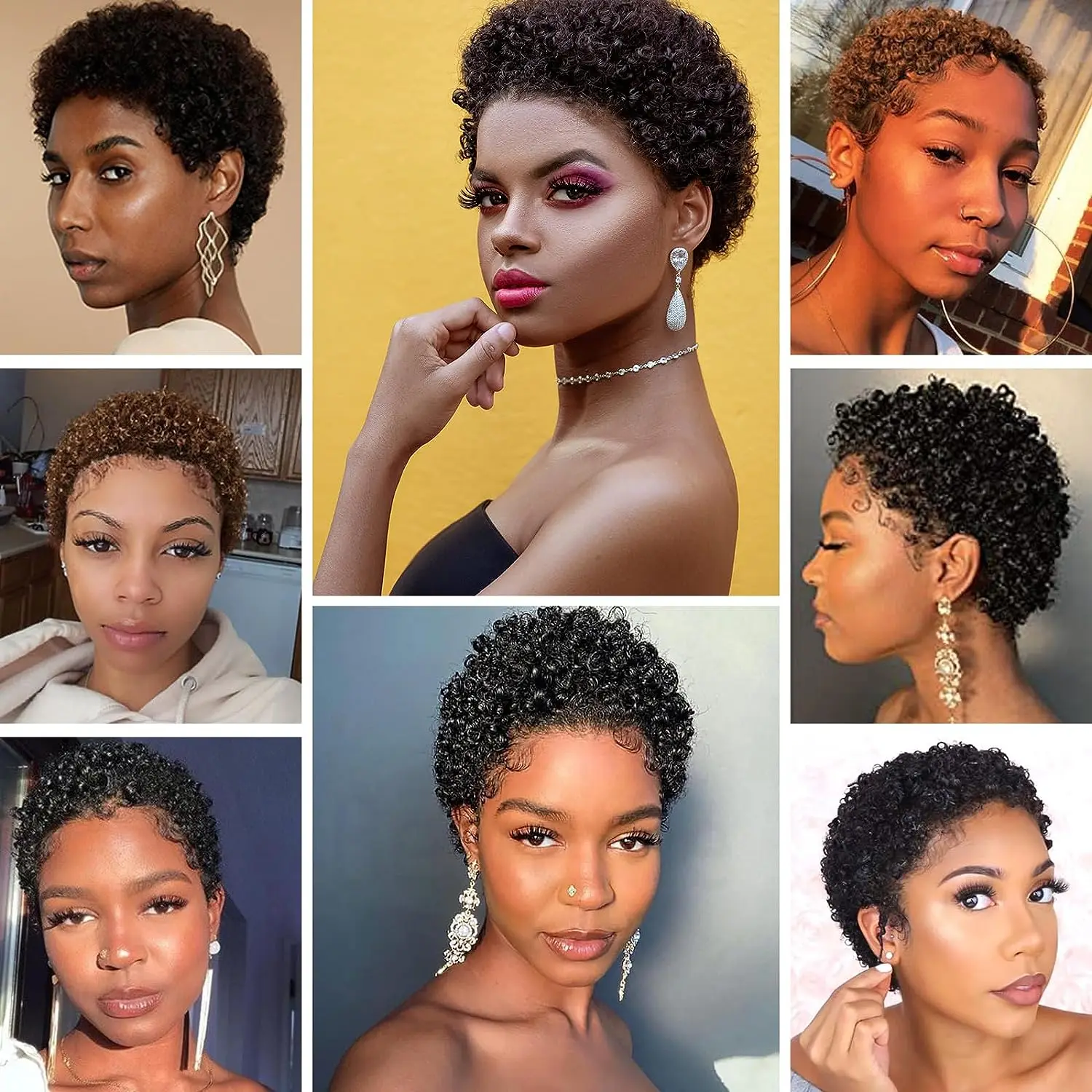 Afro Kinky Curly Human Hair Short Wigs for Women, Full Machine Made Wig Human Hair Pixie Cut Glueless Hair Wig Black Color