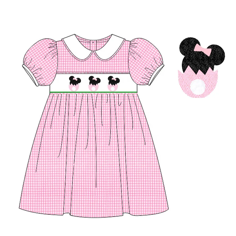 Girls - Pink Gingham Smocked Mouse Egg Dress
