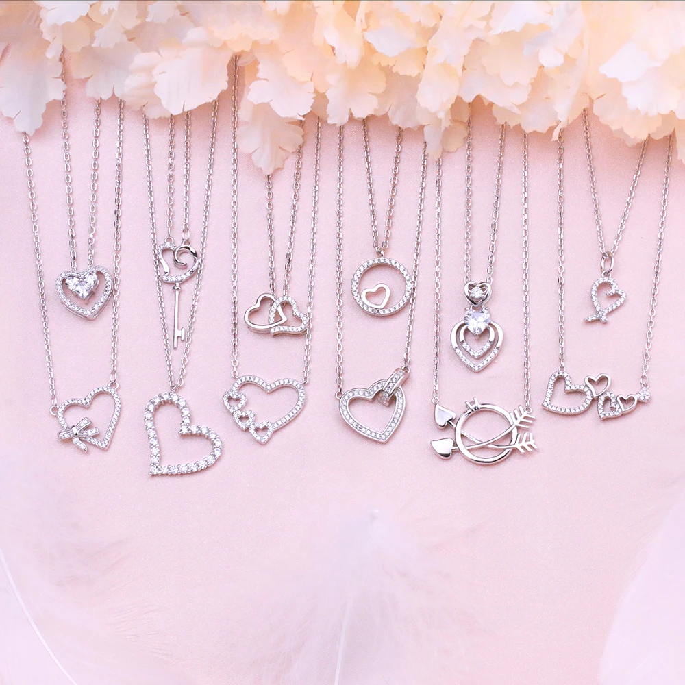 Trending 2021 mixed 925 sterling silver pendant 13 pcs two heart necklace jewelry women