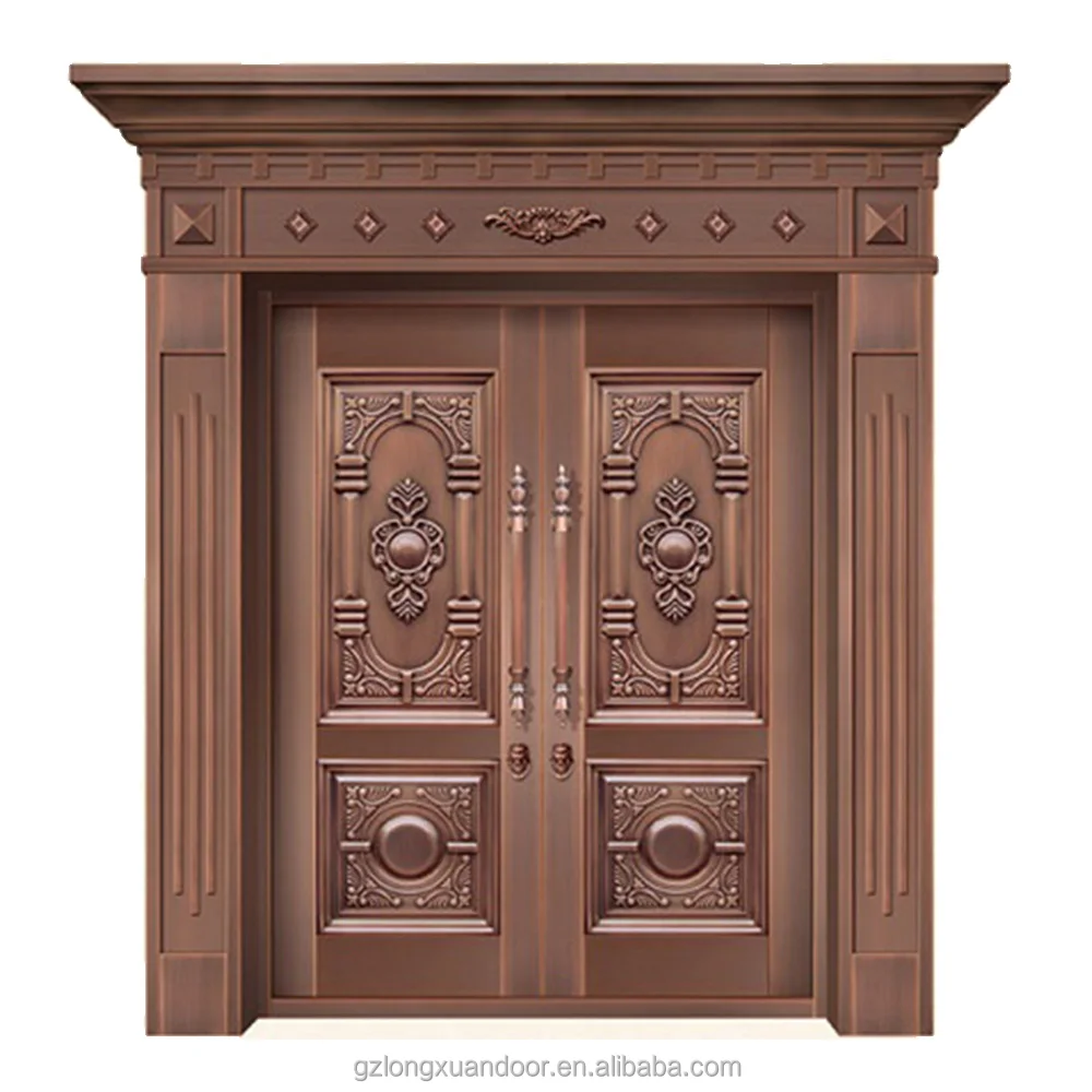 Newest main entry security double copper iron skin classical design pictures copper doors for residential exterior