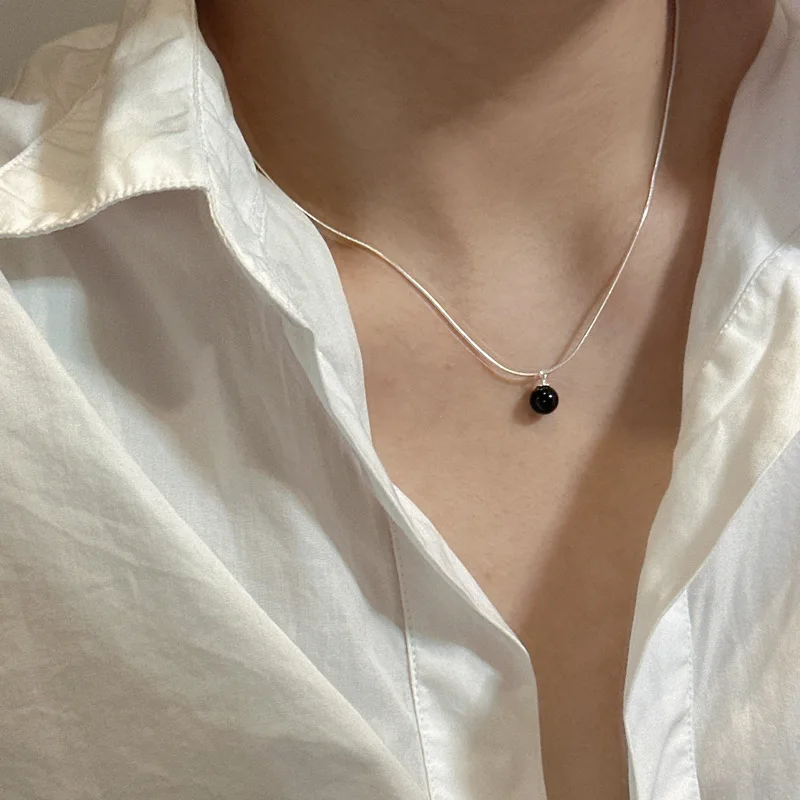 925 Sterling Silver Snake Chain Round Black Agate Pendant Necklaces Women Jewelry
