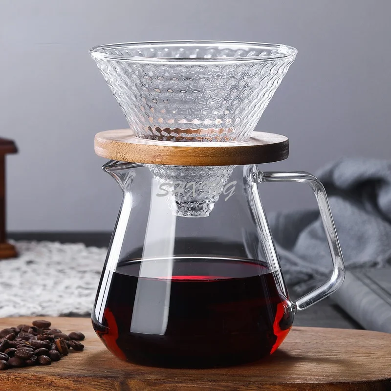 Coffee Pot Style V60 Glass Wooden 700ML/500ML Coffee Dripper and Pot Set for Reusable Coffee Filters