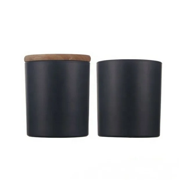 Wholesale transparent black matte empty Incense burners 10 oz glass wax candle jar with wooden cork lid