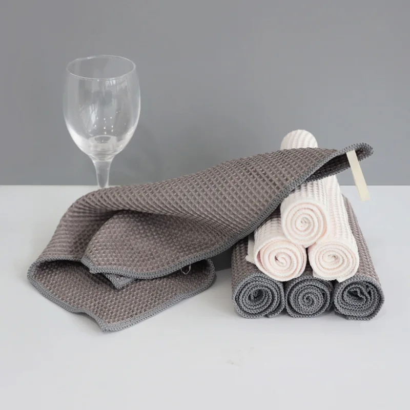 Microfiber kitchen napkin towels grey white dish cleaning towel super absorbent with lanyard