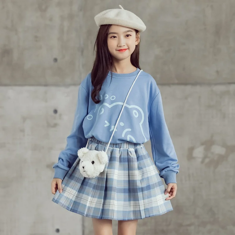 Children Clothing Korean Long Sleeve Cute Pullover Top + Pleated Plaid Skirt Set Teenage Girls Clothing 10 12 14 Years Outfits