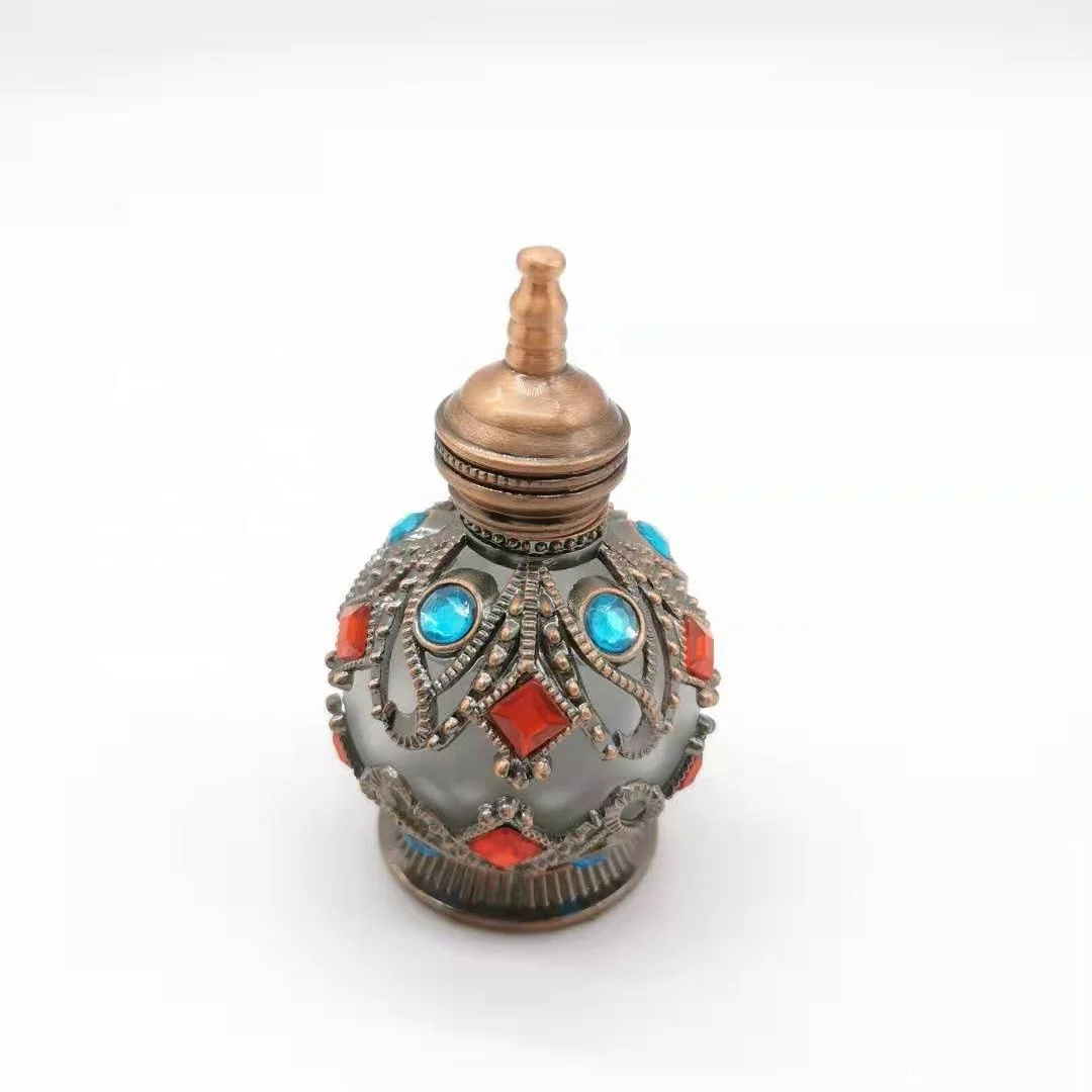 Hot Sale 3-50ml Unique Arabic Style Metal Essential Oil Attar Perfume Glass Bottles With Glass Stick