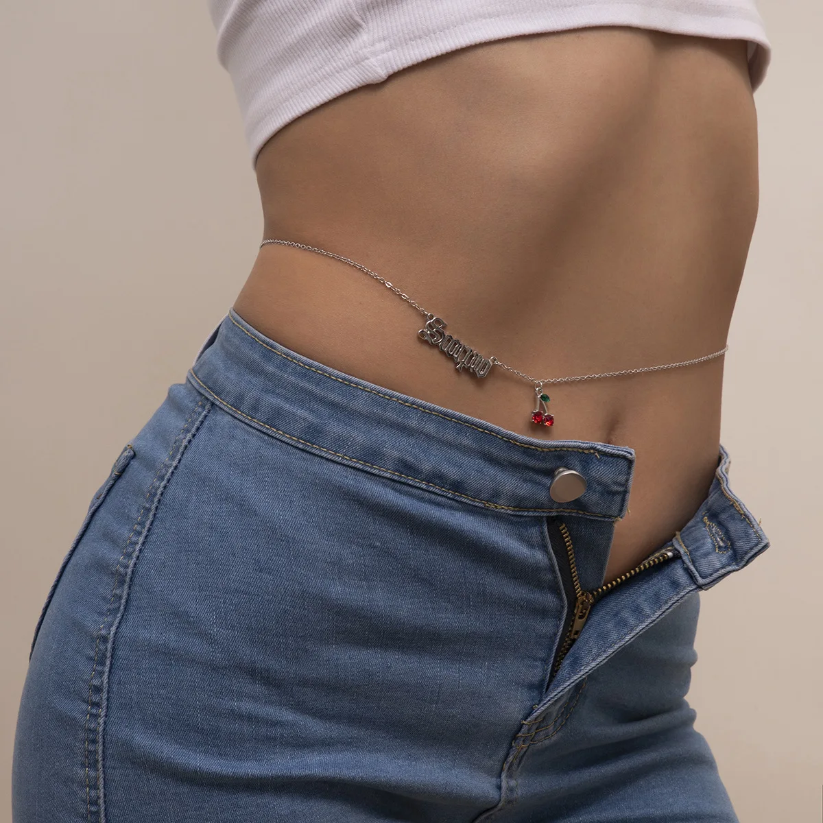  WC-012 Simple Single Layer Metal Sexy Body Waist Chains Gold Plated Retro English Letter Cherry Pendant Belly