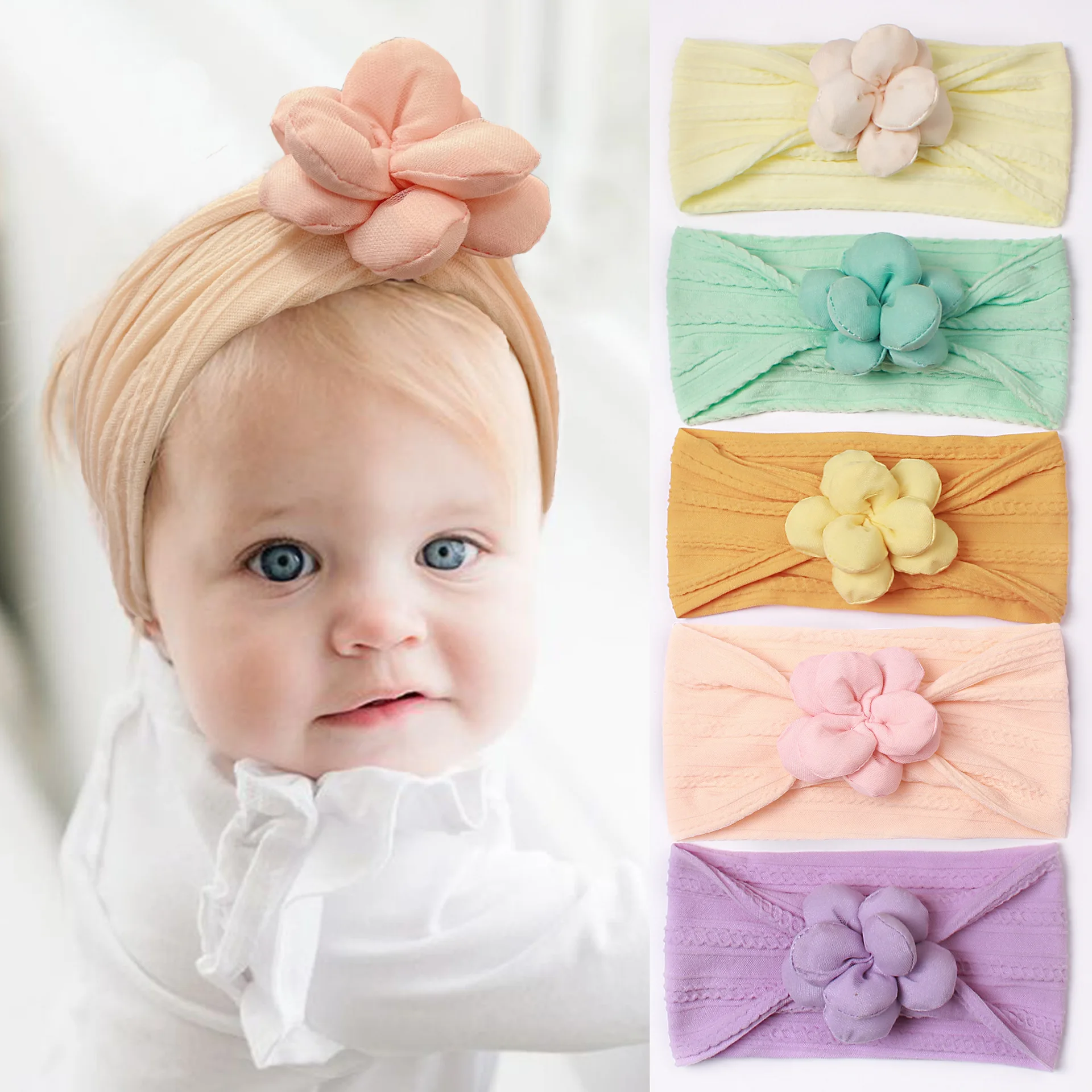 Cute Soft Seamless Elastic Headband Nylon Flower Wide Hairband Hair Accessories For Babies Infant