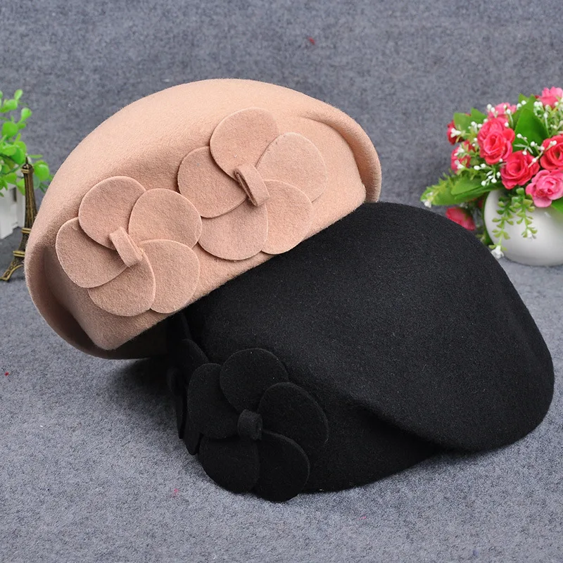 2022 Wholesale Autumn Winter Hat Ladies Elegant Double Flower Wool Beret Floral Dress Pillbox Fascinator Beanie Hat