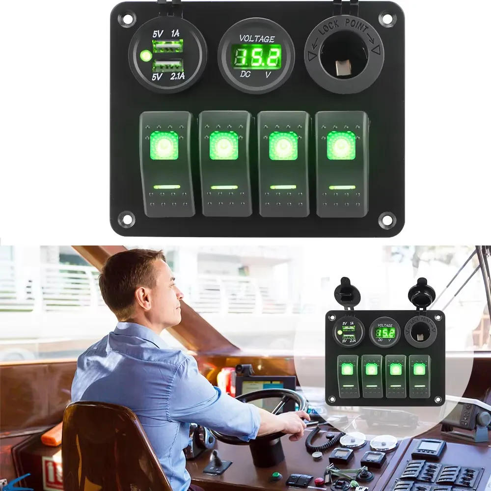 WEIKEN Aluminum 12V 24V USB Cigarette Light Socket Switch Panel Car RV Boat ON-OFF LED 4 Gang Smart Rocker Switch Panel