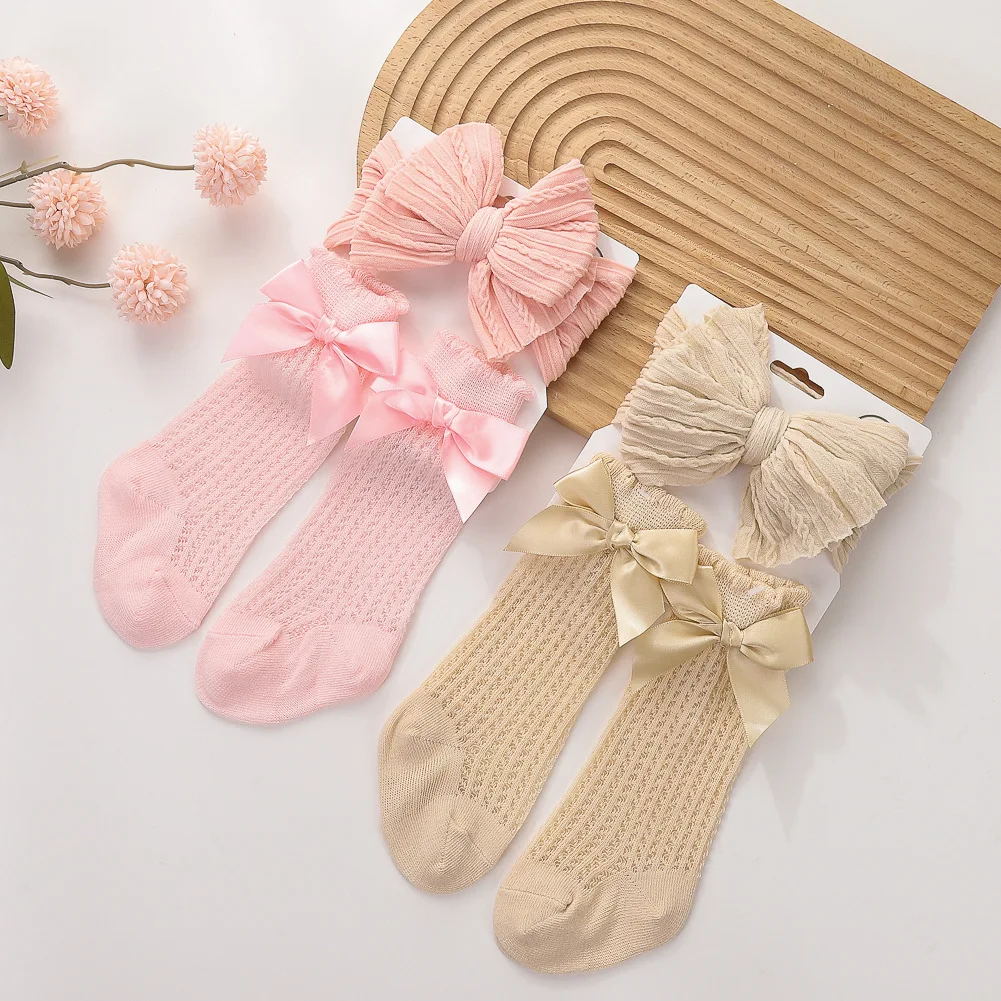 High quality hot sale bow knot girls wear baby socks gift sets wholesale price fashion cute baby caps and socks