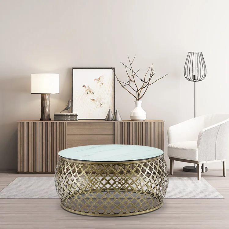 Modern Gold Luxury Glass Round Top Side Coffee Center Marble Tea Table