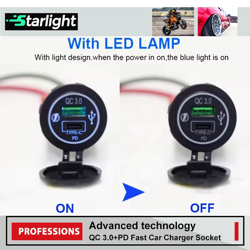 Car USB Charger Socket 12V 24V Waterproof QC3.0 Blue LED Fast Charger Socket for Car Boat Marine RV Truck