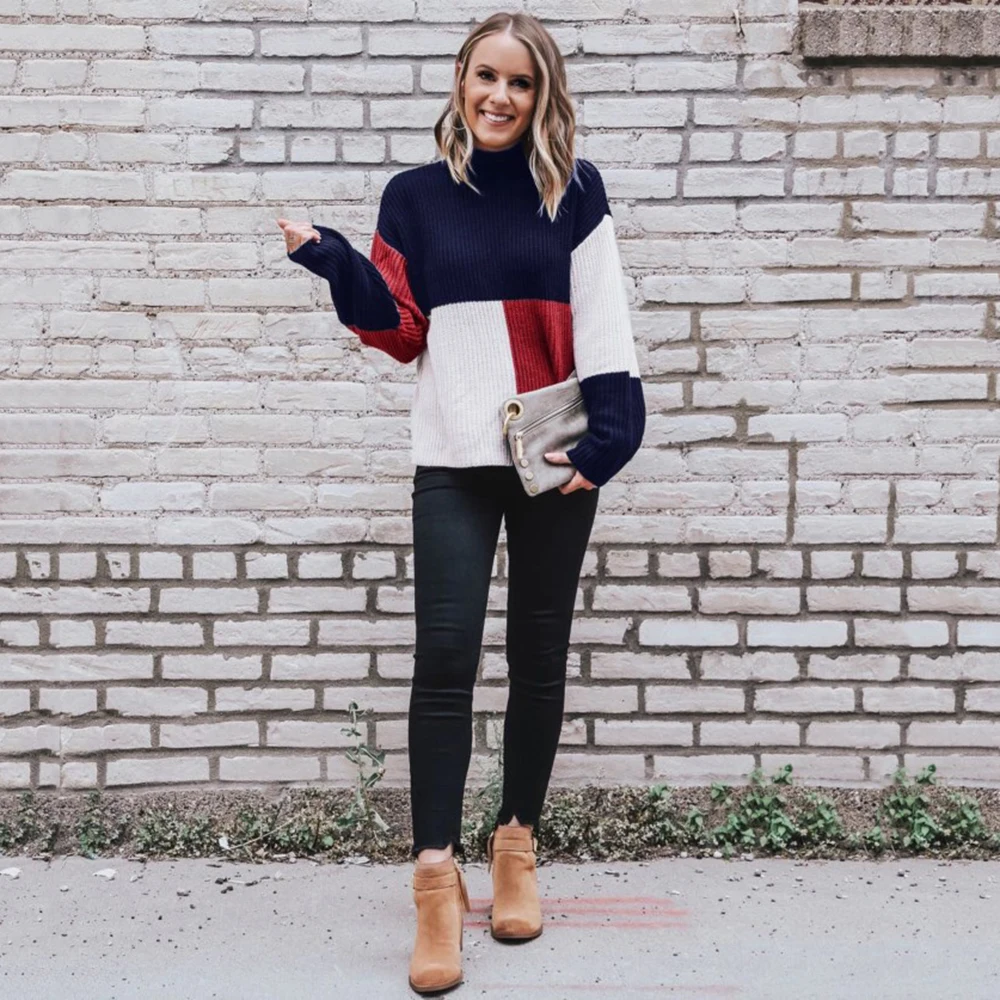 Wholesale Women Winter Sweaters Blocked Colorful Striped Ladies Knitted Sweaters  Loose Oversized Rainbow Sweater