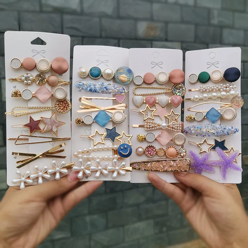 2021 Wholesale Various Styles Korean Fashion Hair Accessories Pearls Heart Hair Clips Cristal Hairpins Set