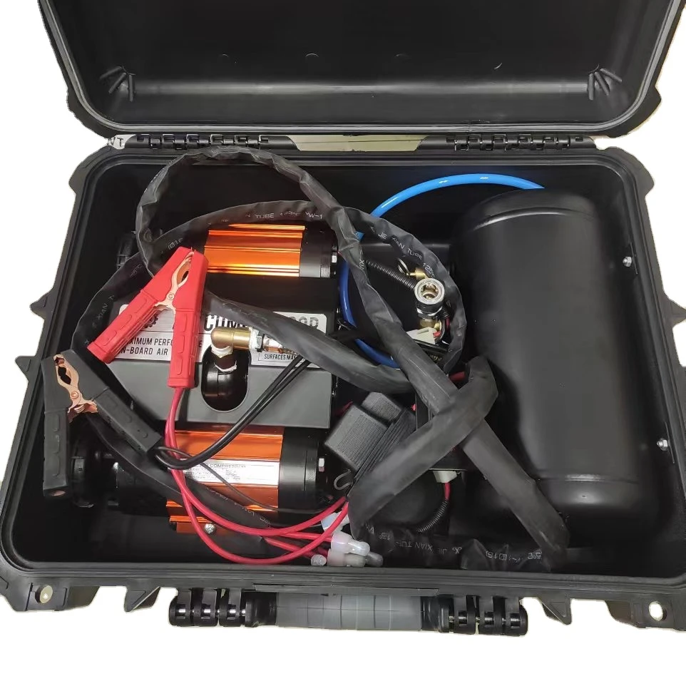 suspension air  pump with 1Gallon air tank in plastic box DC 12V orange  Metal Air Compressor ARB tire inflate hose gauge gun