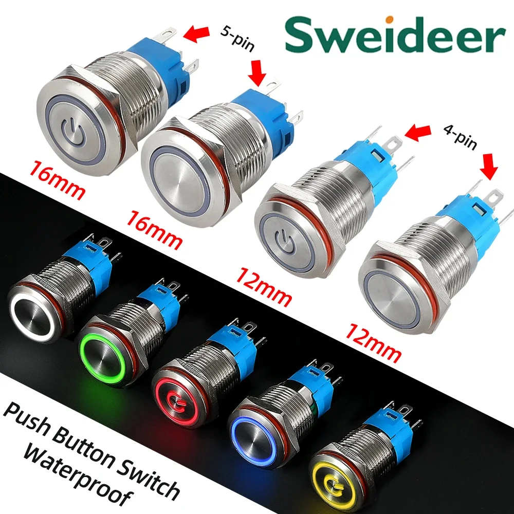 Hot selling 12/16mm Waterproof LED Light Momentary Latching Power Switch Metal Push Button Switch for Mechanical Equipment