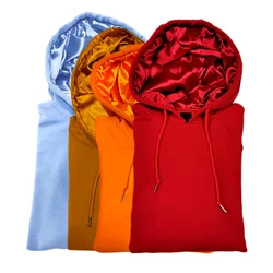 Top quality customized embroidery hoodie satin lined hood Kangaroo Pocket Fleece Pull Over split satin lined hoodie sets
